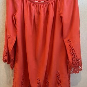 Tantrums Coral Gathered dress with lace details. Size small sheath dress.